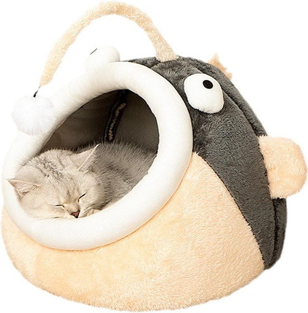 Warme, halboffene Hunde- und Katzenhütte für den Winter, Katzenhaus für alle Jahreszeiten, zum Schlafen, bequemes Innenbett, fischförmige Later...