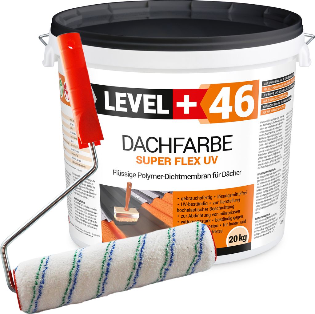 Dachfarbe 20kg Flexible Sockelfarbe Dachlack Steingrau+Farbroller 25cm Set RM46