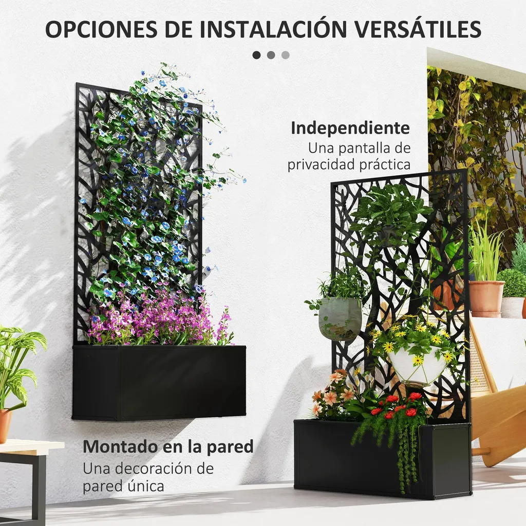 Treillis métallique noir avec bac à plantes - Clôture décorative