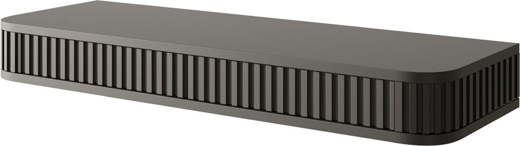 A dark gray, rectangular electronic device with a ribbed texture on its sides, presented on a white background.