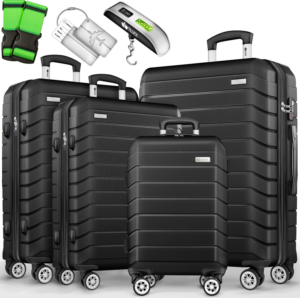 tillvex Reisekoffer Set 4-TLG. + Gepäckwaage, 8X Koffergurte & 4X Kofferanhänger | Kofferset 4 Rollen | Trolley Gepäck Koffer TSA Schloss | Ro...