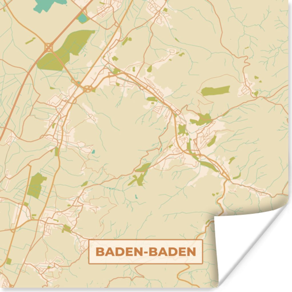 MuchoWow Poster Karte - Baden-Baden - Vintage - Stadtplan 30x30 cm - Wandposter - Printing