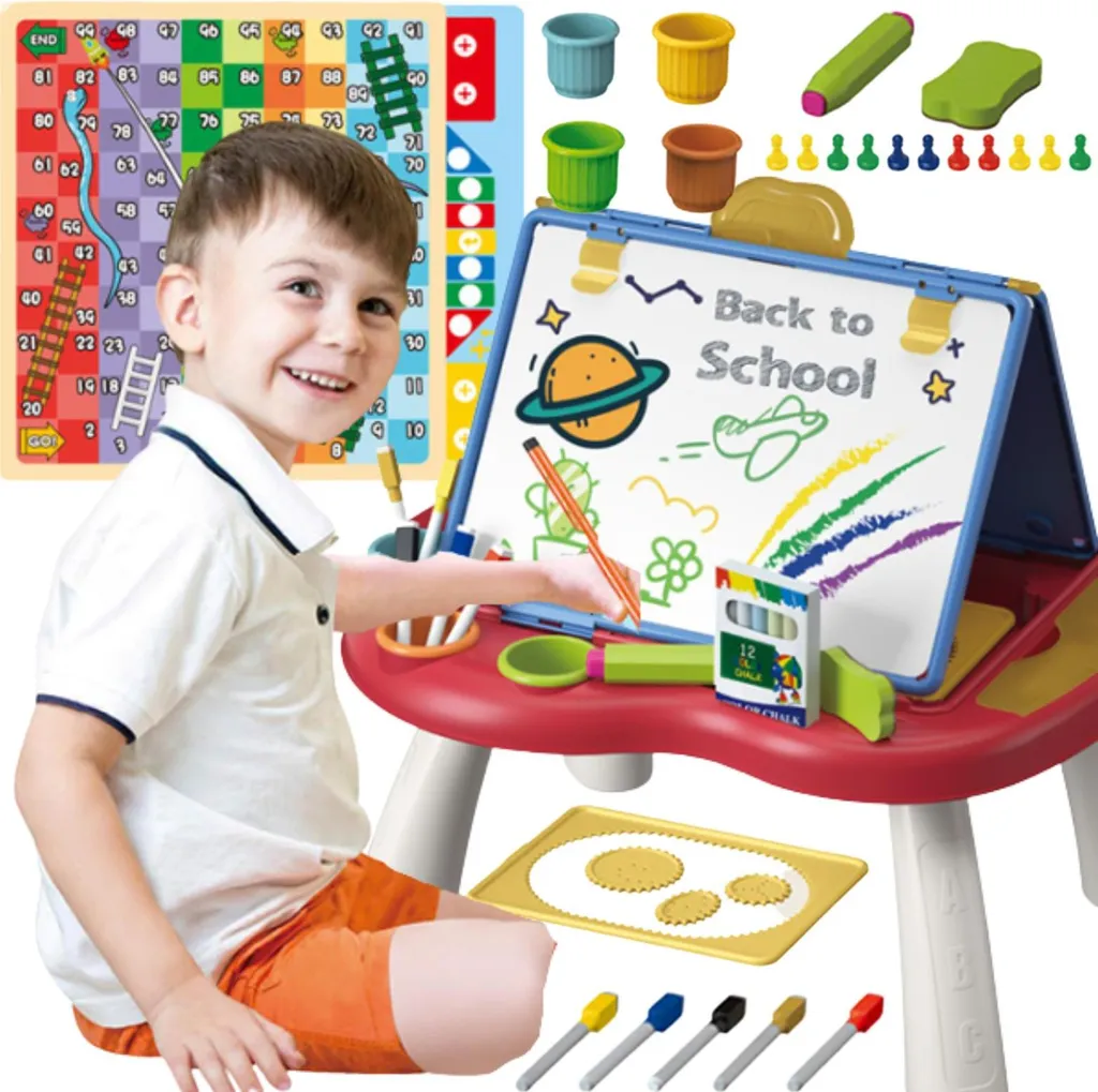 Table éducative à deux faces avec plateau de jeux et rangements malins