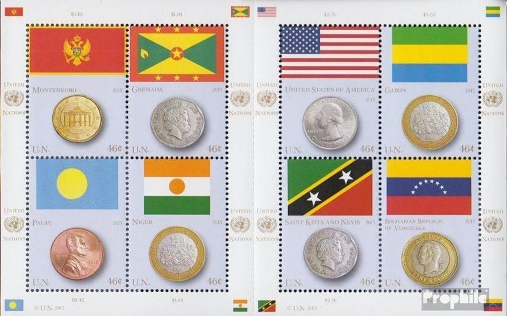 Briefmarken UNO - New York 2013 Mi 1379-1386 Kleinbogen (kompl.Ausg.) gestempelt Flaggen und Münzen