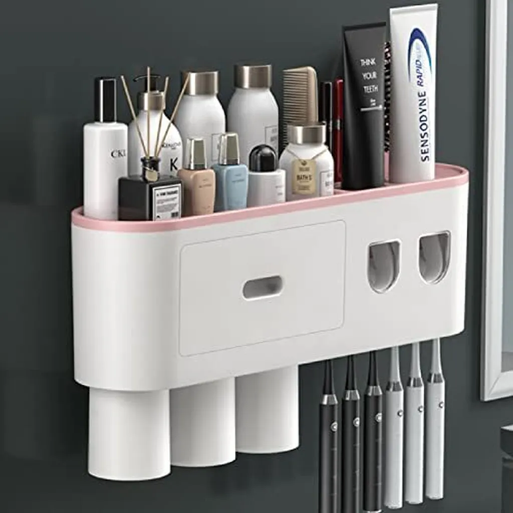 Refein Porta Spazzolini Parete: 6 Posti e Dispenser Vuoto Meccanico Rosa