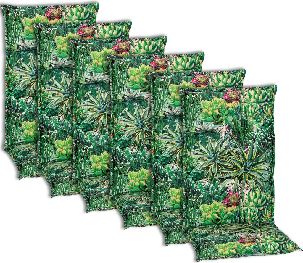 NYVI Hochlehner Auflagen Piemont 6er Set - 118x46x8 cm Kaktuslandschaft - Extra Starker 8cm Sitzpolster - Gartenmöbel Auflagen mit Halteband & Bin...