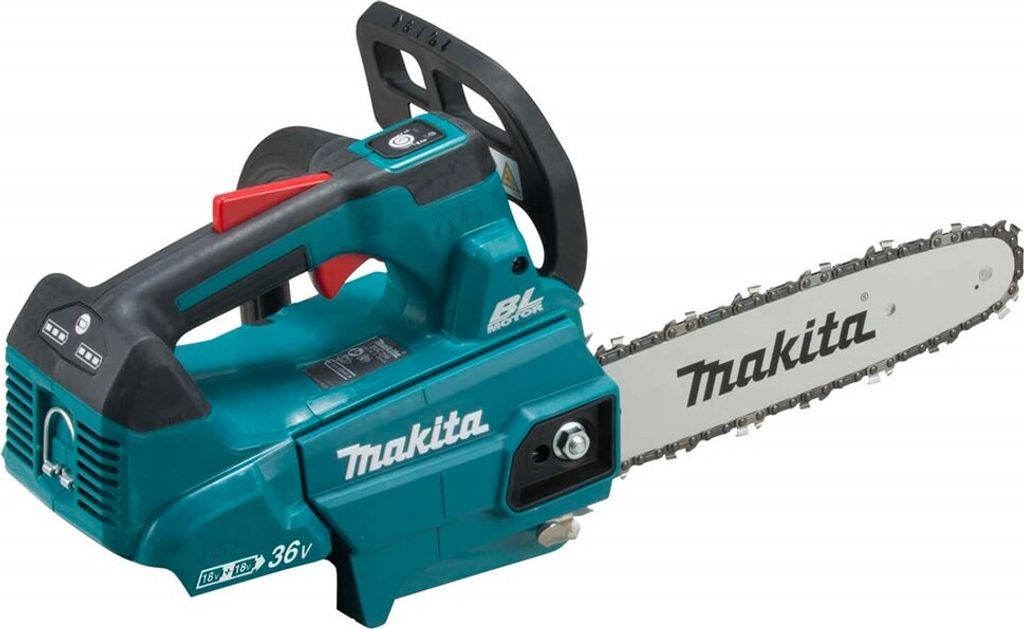 A teal and black Makita battery-powered chainsaw is shown against a white background.