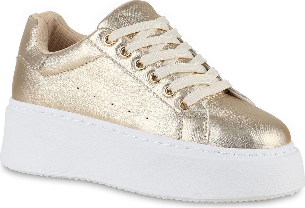 VAN HILL Damen Plateau Sneaker Schnürer Freizeit Schuhe 840983, Farbe: Gold, Größe: 39