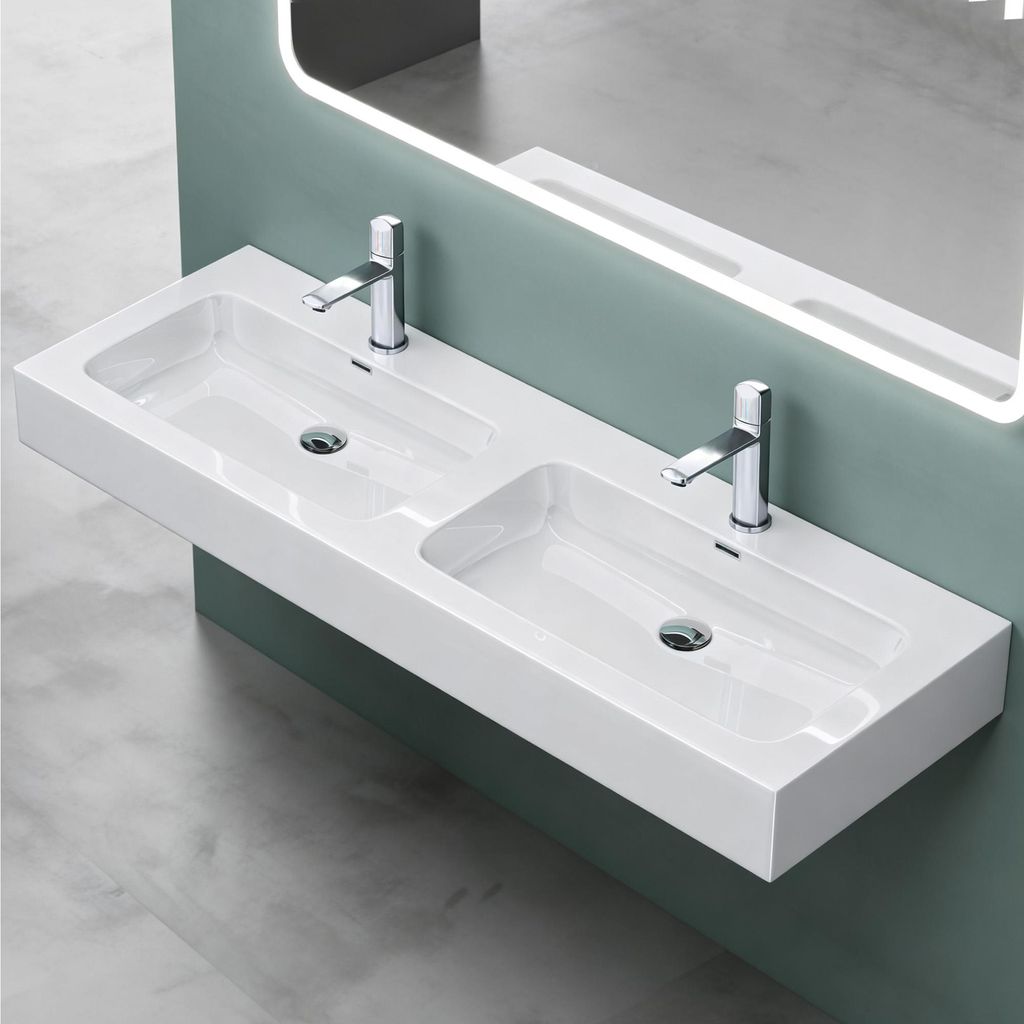 Mai & Mai Aufsatzwaschbecken Hängewaschbecken Doppel-Waschbecken in Weiß hochglanz Waschtisch Waschbecken Gussmarmor Colossum830
