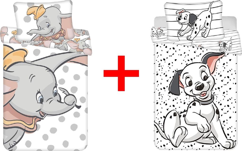 Disney Dumbo 101 Dalmatiner Hunde Kinderbettwäsche, Bettdecke 100 x 135 cm + Kopfkissen 40 x 60 cm, 100% Baumwolle, 2er-Geschenkset