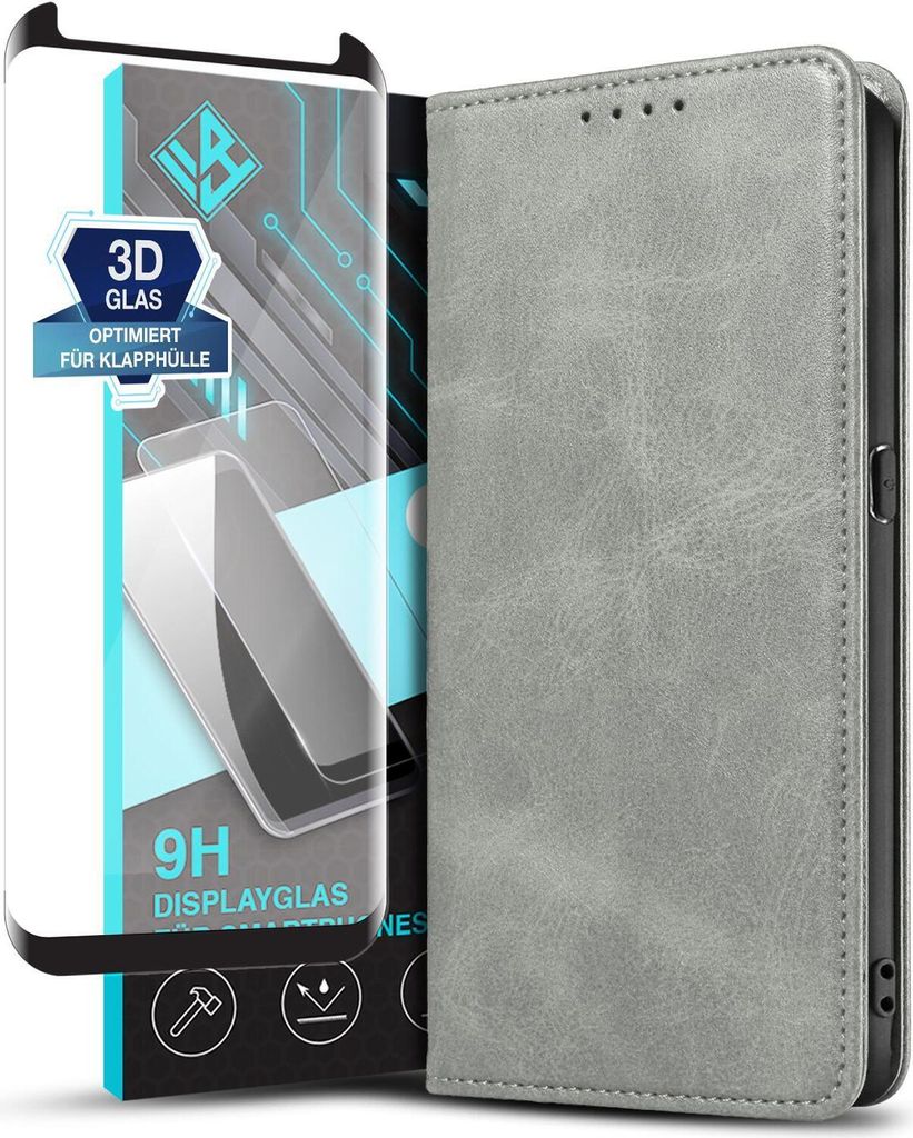 Handyhülle für Samsung Galaxy S9 mit 9H Displayglas Kunstleder Flip Cover Hülle Handytasche Case Kartenfach Farbe: Grau