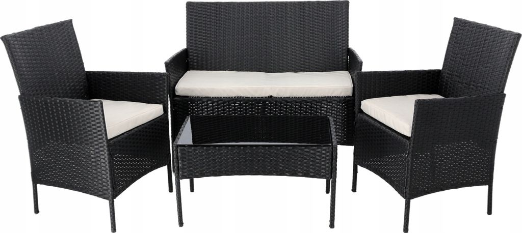 ZUM VERKAUF: Gartenmöbel-Set, 4-teilig, Sofa, 2 Sessel, Tisch, schwarz, Technorattan.