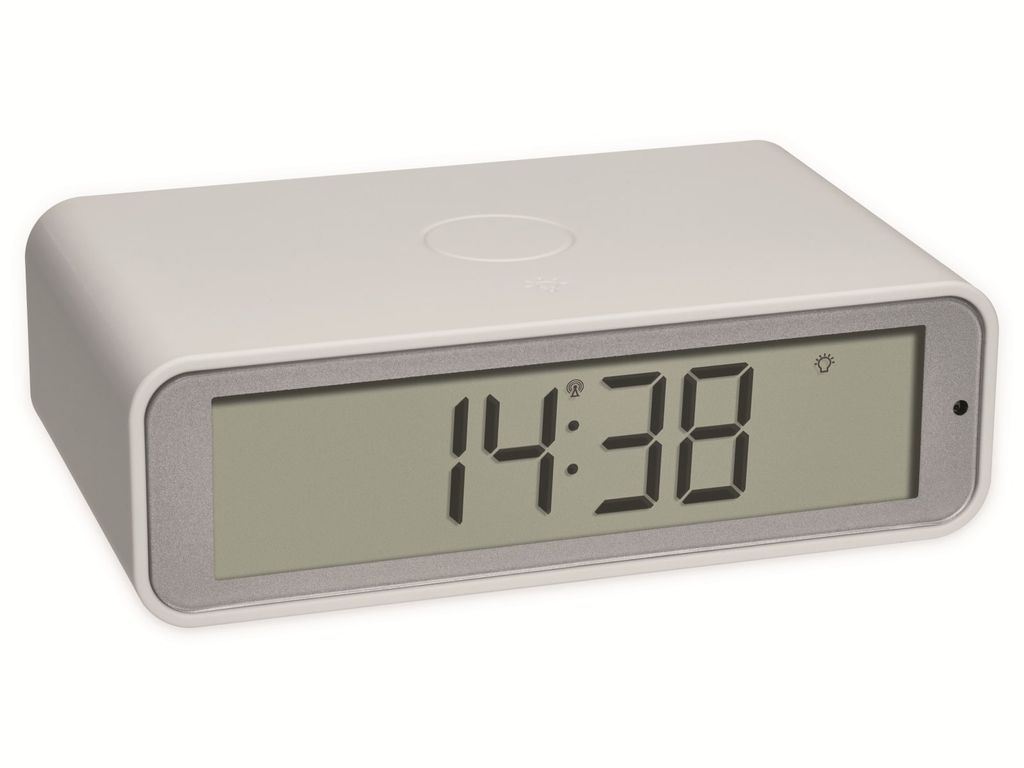 A digital alarm clock with a white casing and a gray frame around the display.