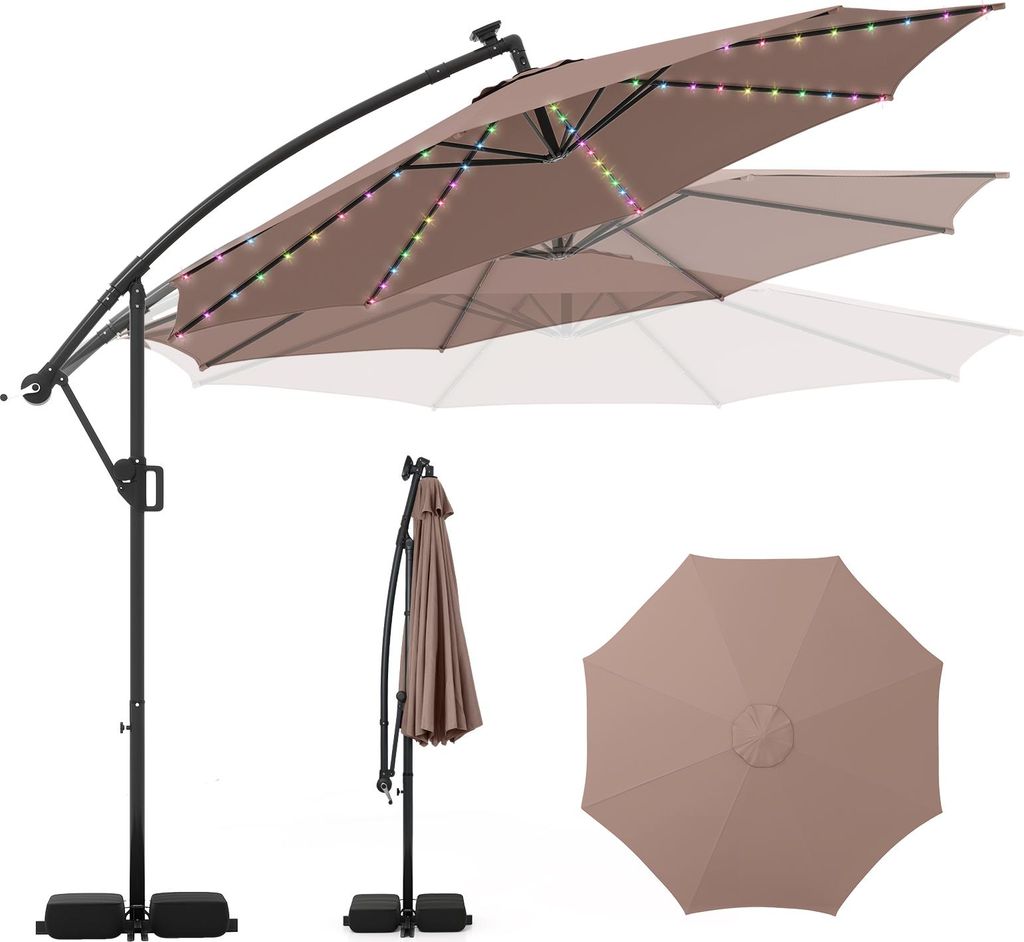 KOMFOTTEU Ø 300 cm Gartenschirm mit 96 bunten Lichtern, 9 Modi, Sonnenschirm mit Kurbel & 360° drehbar, Marktschirm mit Sockel für Terrasse, Garten