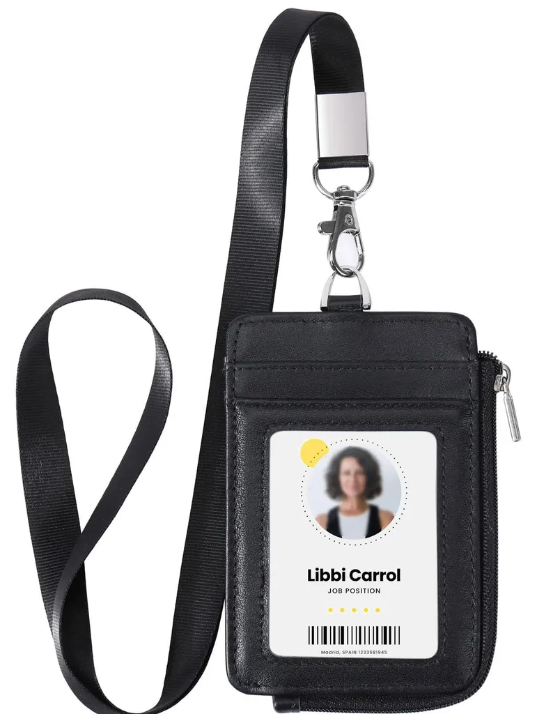 Porte-cartes zippé en cuir véritable avec cordon amovible robuste