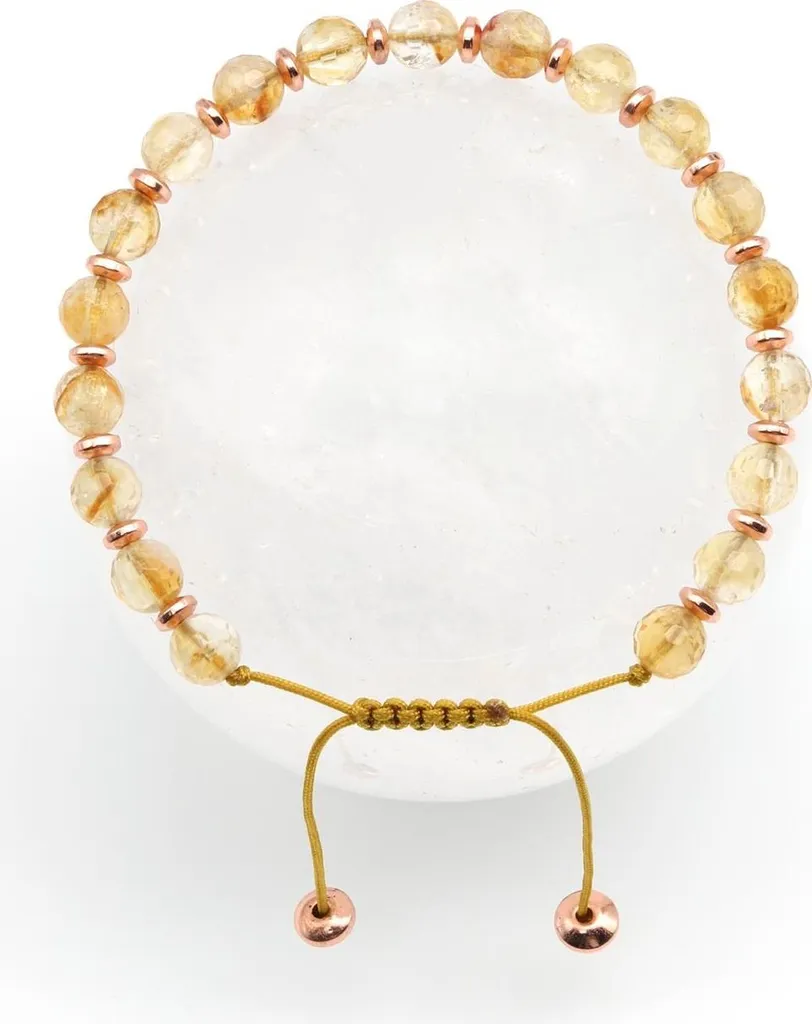 Bracelet citrine réglable anti-allergie, perles 6 mm en macramé