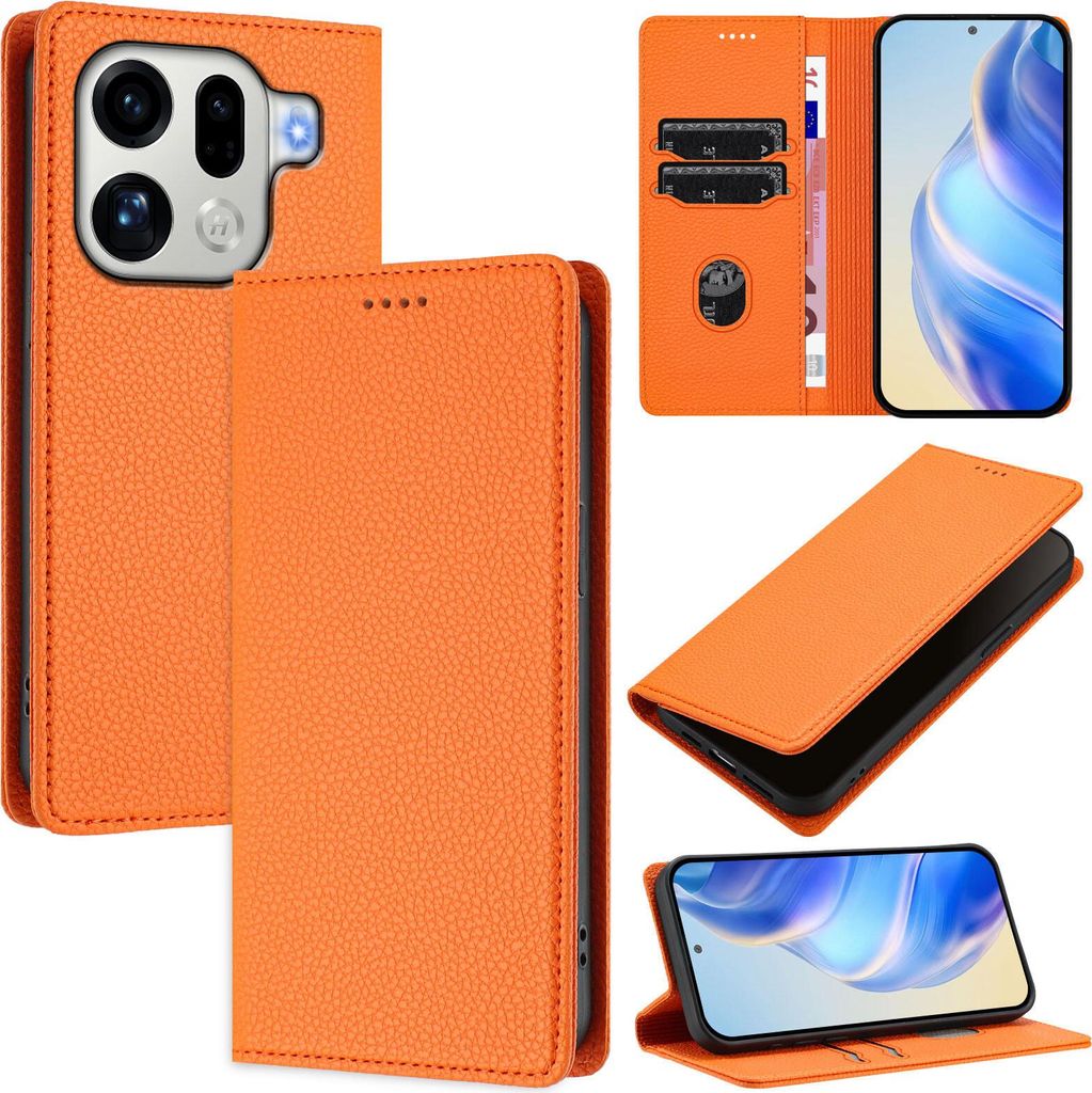 Litchi Leder Handyhülle für Oppo Find X9 Pro Wallet Kartenfächer Standfunktion Hülle Orange