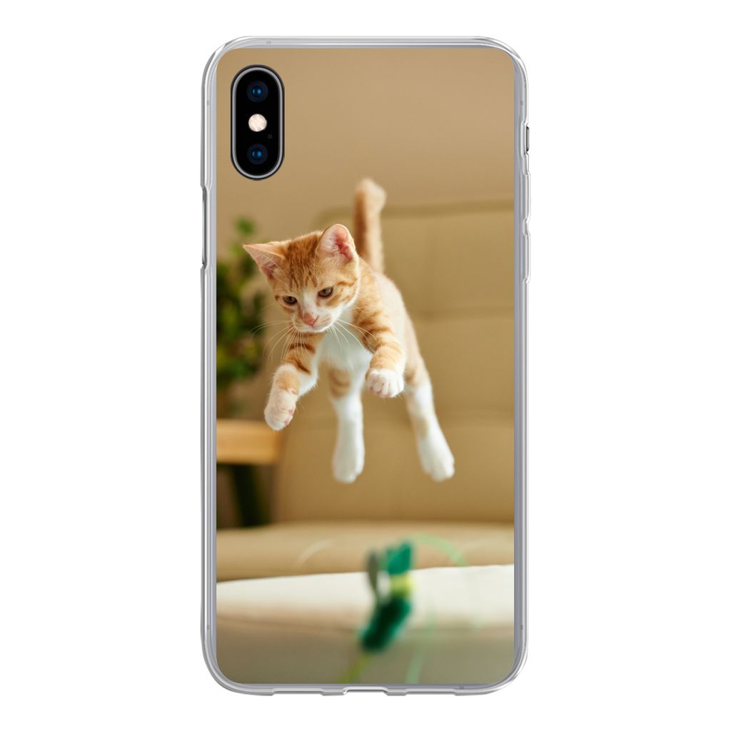 MuchoWow Handyhülle Schutzhülle Hülle für iPhone Xs Katze - Springen - Spielzeug Silikon Softcase Handy Hülle - Handytasche