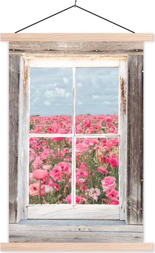 MuchoWow Textilposter Aussicht - Blumen - Feld 60x90 cm mit holzfarbenen Rahmen - Textil