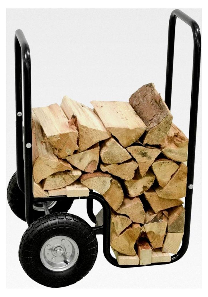 Kaminholzwagen 57×55×101cm / schwarzer Brennholz-Wagen und Regal aus Stahl mit 2 Luftreifen, Traglast bis 80kg - Sackkarre