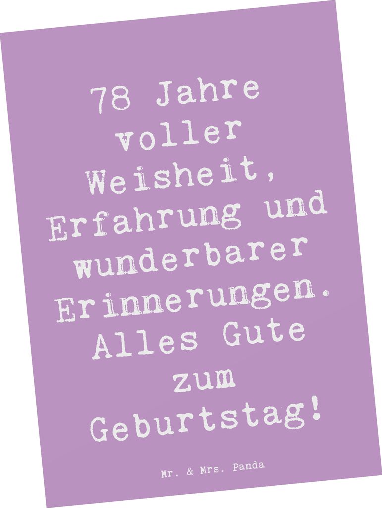 Mr. & Mrs. Panda Postkarte Spruch 78. Geburtstag - Lavendeltraum - Geschenk, Ansichtskarte, Grußkarte, Alter, Happy Birthday, persönliche Geschen...