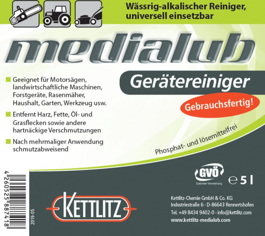 KETTLITZ-Medialub Gerätereiniger, Universalreiniger, Sägekettenreiniger Gebrauchsfertig 5 Liter Nachfüllpack
