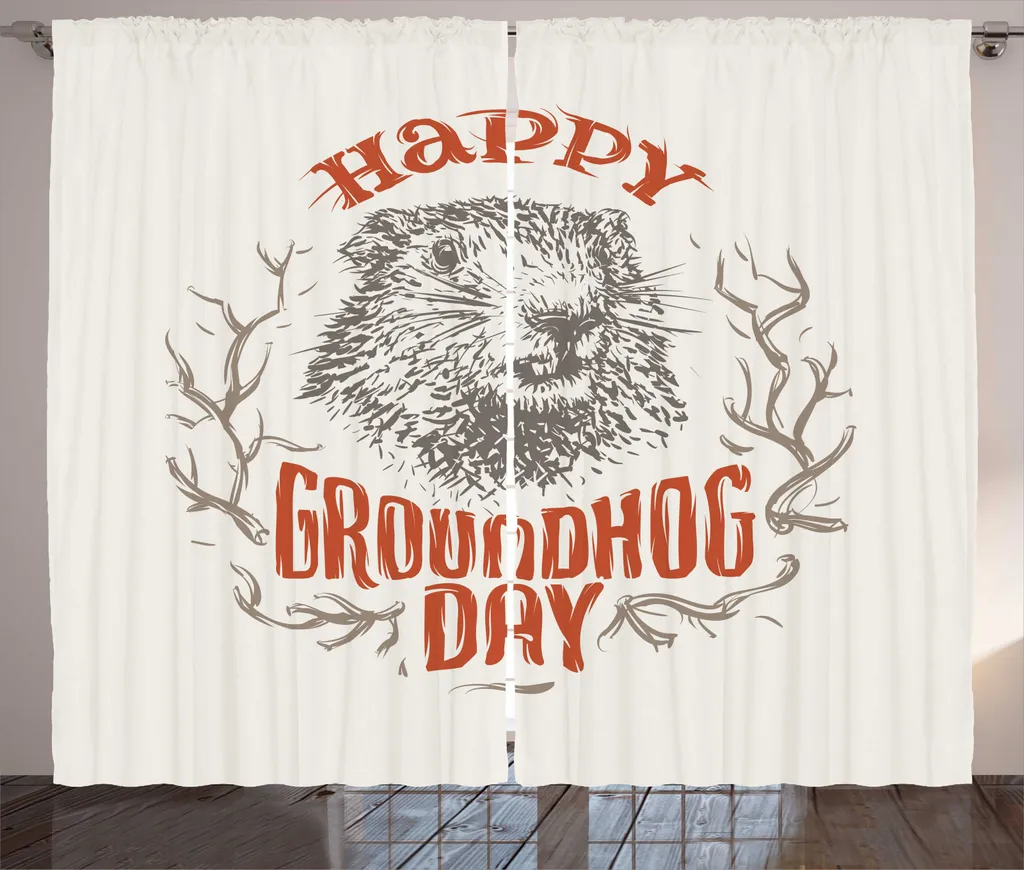 Rideau rustique 280x225 cm motif marmotte et branches Taupe et Rust