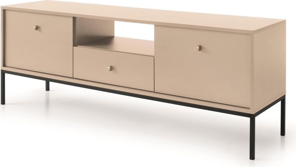 2-türig TV-Schrank aus Metallbeine Vintage Lowboard mit goldenen Griffen B 153 x H 56 x T 39 cm Beige Fernsehschrank, Farbe: Beige, Beinfarbe: Sch...