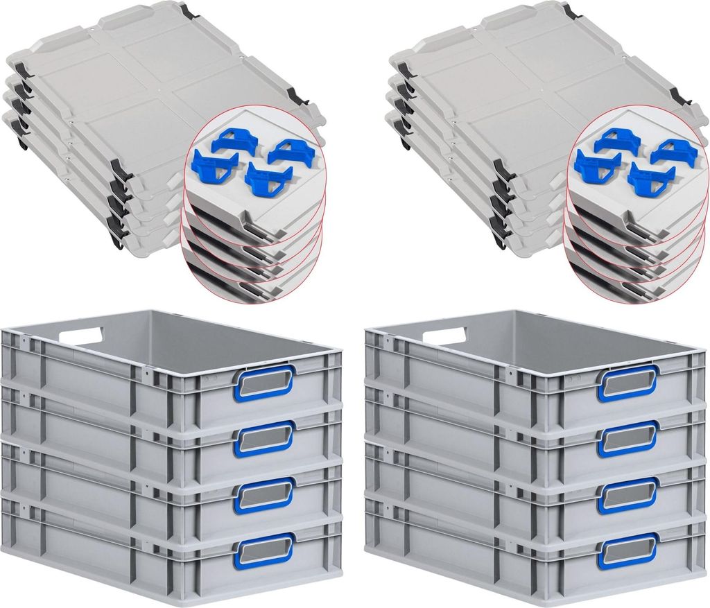 SuperSparSet 8x Eurobox NextGen Color mit Auflagedeckel und Schiebeschnappverschlüsse | HxBxT 12x40x60cm | 23 Liter | Griffe blau offen | Glatter ...