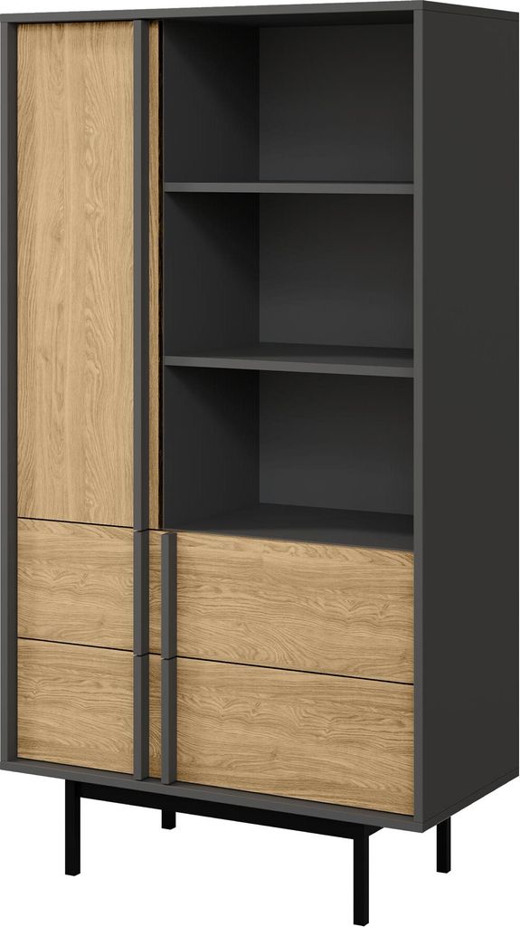 MIRJAN24 Standregal Alsy 2S REG 4, Standregal mit zwei Schubladen, Schwarze Metallfüße (Farbe: Anthrazit / Geölte Eiche)