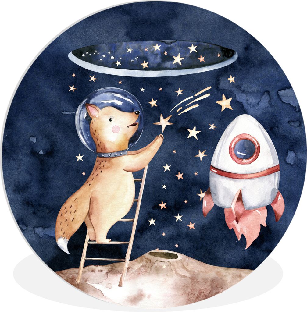 MuchoWow Rundes Wandbild - Runde Bilder Rakete - Weltraum - Fuchs - Jungen - Mädchen - Kinder Ø 30 cm Kreis Wanddekoration Kunststoff - Wandkre...