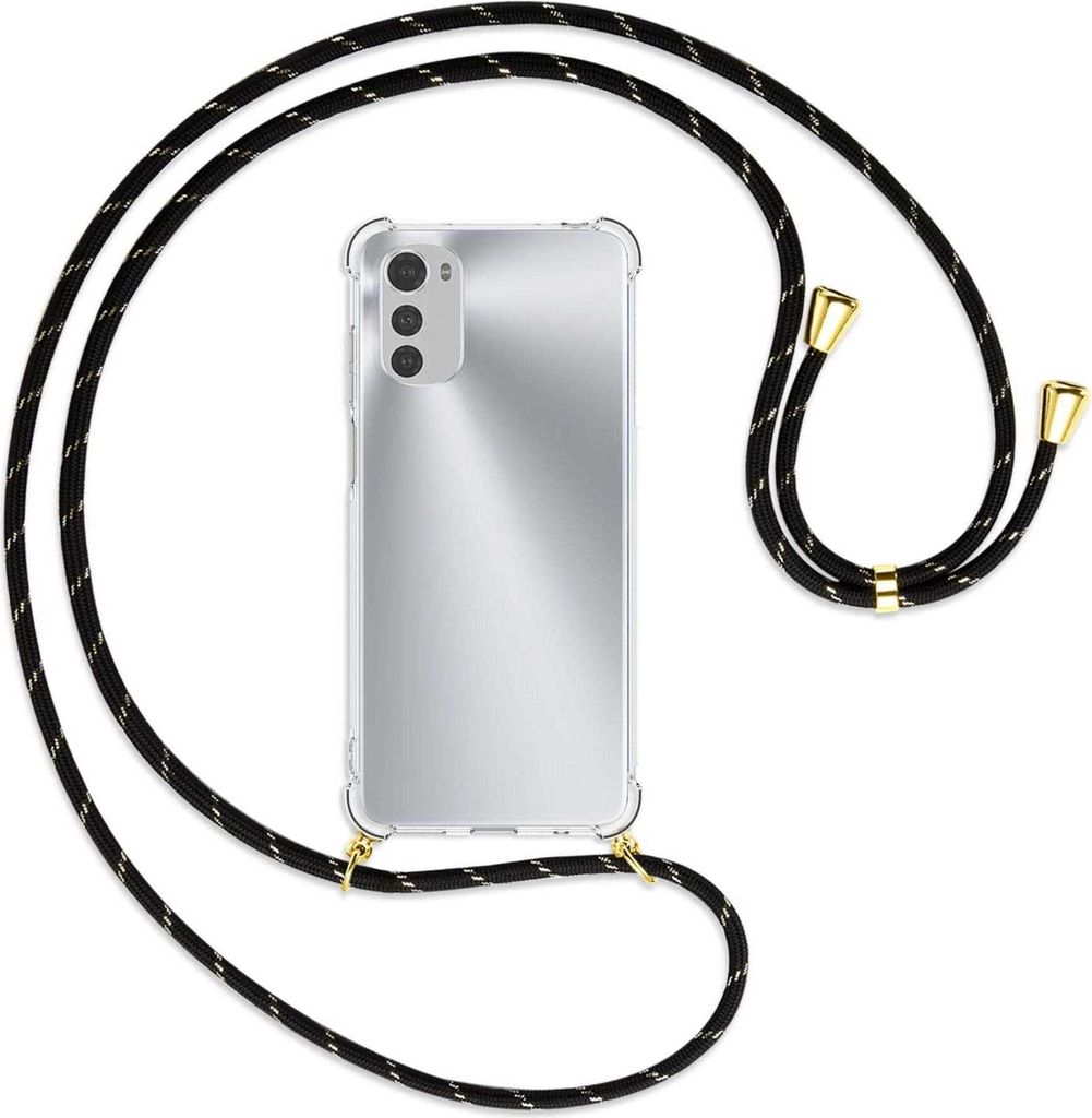 Handykette Backcover-Schutzhülle mit Band (Metall goldfarben) für Motorola Moto E32, Moto E32s - schwarz/gold