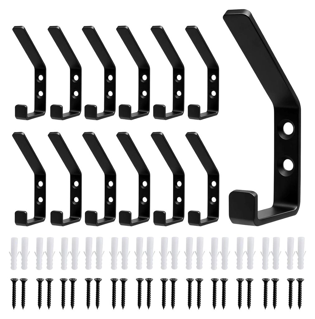 12 Garderobenhaken für Akustikpaneele, 8,8 cm, Schwarz, Edelstahl Zubehör mit Gummistopfen und Schrauben für Wand, Wohnzimmer, Schlafzimmer, Flu...