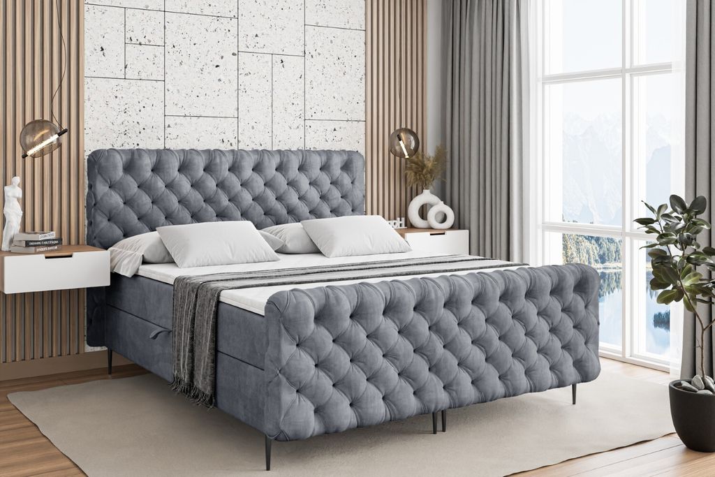 ALTDECOR Boxspringbett mit Schwarz Füßen, Matratze und Lattenrost, Topper, Fußteil, Polsterbett mit Bettkasten, Bett mit Stauraum H3-Matratze, D...