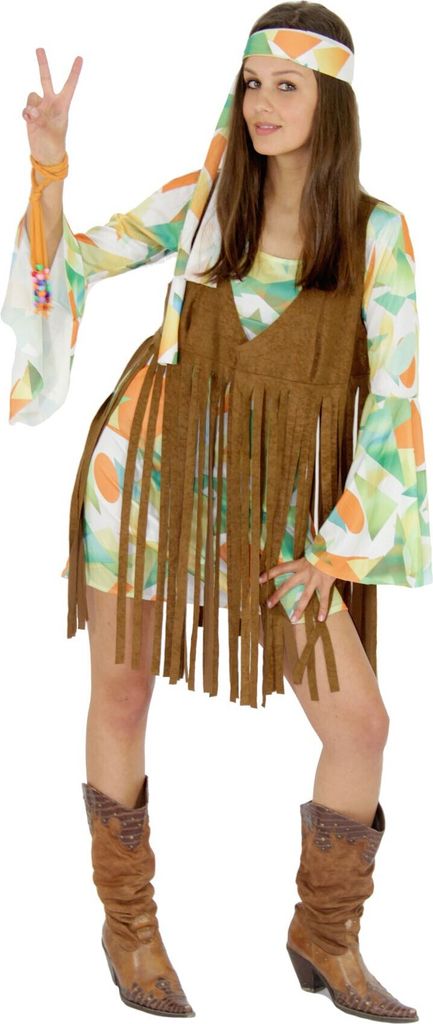 70er Jahre Kostüm mit Fransen Weste Hippie Damen Kleid Damenkostüm , Größe:S