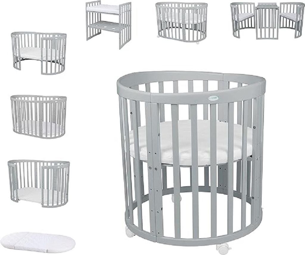 Mobiles Babybett OWAL aus Holz 7in1 mit Matratze, mitwachsend,Ohne Stoffset,Holz grau