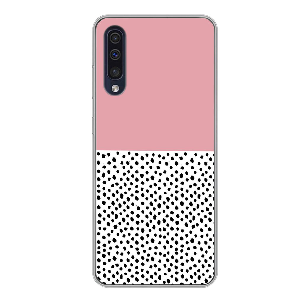MuchoWow Handyhülle Schutzhülle Hülle für Samsung Galaxy A50 Polka dots - Schwarz - Rosa Silikon Softcase Handy Hülle - Mobiltelefonhülle