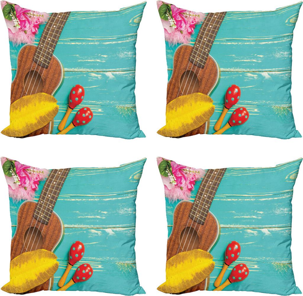 ABAKUHAUS Musik Kissenbezug Set (4 Stück), Hawaiian Sommer Ukulele, Moderner Doppelseitiger Digitaldruck, 40 cm x 40 cm, Gelb Braun Aqua