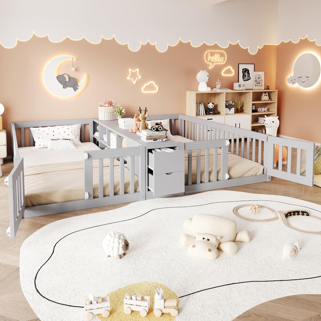 okwish Doppelbett 90×200 mit Schublade und offenen Fächern, Kinderbett mit Sicherheitsgeländer, Holzbett in Grau,ohne Matratze