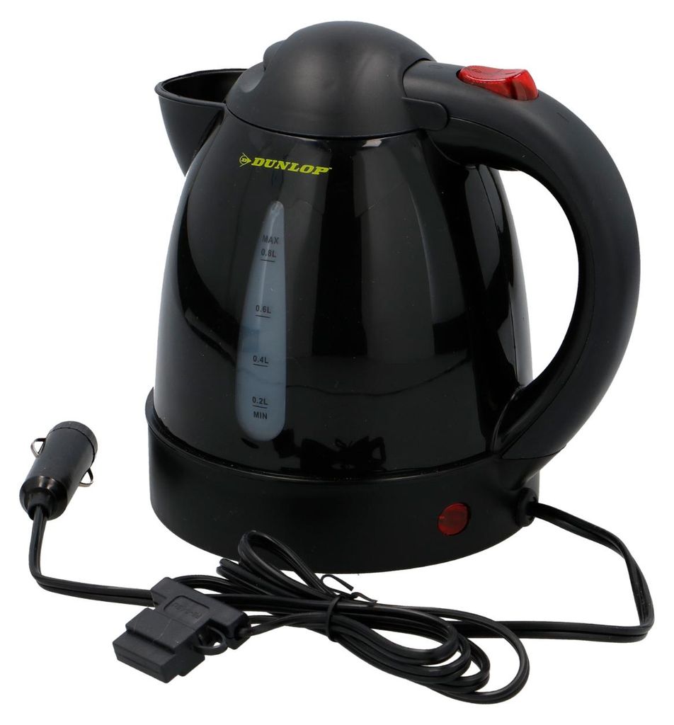 Dunlop Reisewasserkocher 24V Schwarz, 0,8L - Tragbarer Wasserkocher mit Zigarettenanzünderstecker - Thermischer Schutz und Trockenlaufschutz