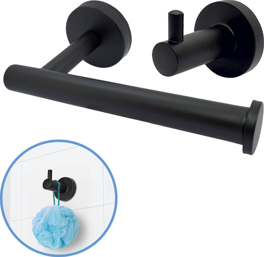 Sanics Orca Toiletten-Accessoires-Set Schwarz - WC-Rollenhalter aus Edelstahl mit Handtuchhalter – Schwarz