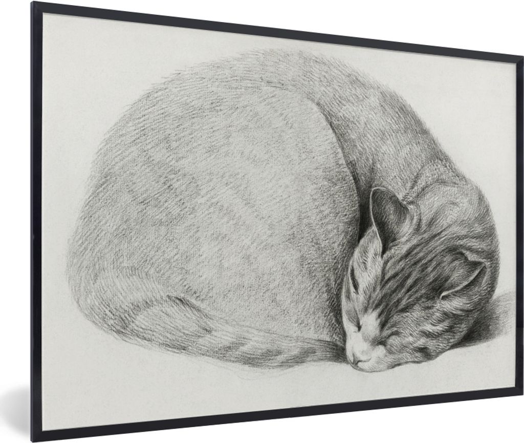 MuchoWow MuchoWow Gerahmtes Poster Schlafende Katze im Liegen - Gemälde von Jean Bernard 60x40 cm - Poster mit zchwarzem Bilderrahmen - Printi...