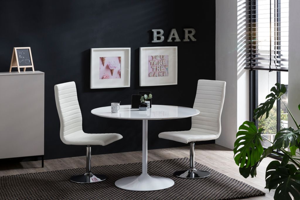 SalesFever Essgruppe 5-tlg. | rund 110 cm | Tischplatte Hochglanz + Gestell Metall | 4x Drehstuhl Kunstleder + Fuß verchromtes Metall | weiß