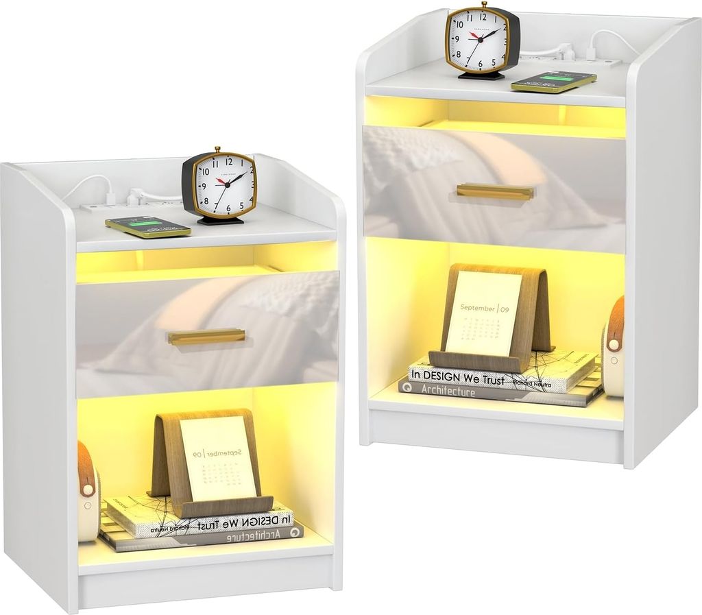 2x Nachttisch mit Steckdose,Nachtschrank mit Led Licht,Einstellbare Farben,Nachtkommode mit Schubladen,Hochglanz Kommode Beistelltisch 40x35x58cm W...