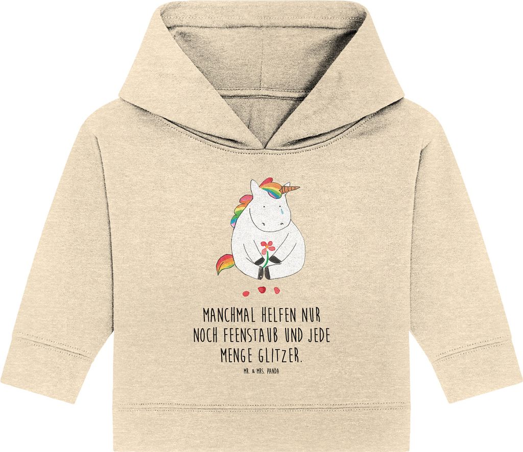 Mr. & Mrs. Panda Organic Baby Hoodie Einhorn Traurig 12. - 18. Monat - Natural Raw - Geschenk, Kapuzensweatshirt, Freunde, Kapuzenshirt, Blume, Tra...