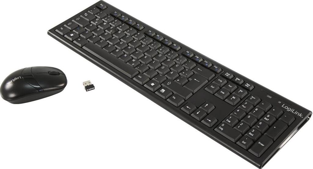 A black wireless keyboard and mouse set with a USB receiver, shown on a white background.