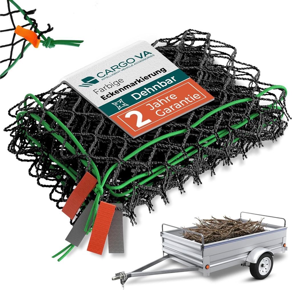 CargoVA Intelligentes Anhängernetz dehnbar 1,5x2,2 bis 2,5x3,5 M - elastisches Hängernetz schwarz mit Gummiseil und Eckenmarkierung