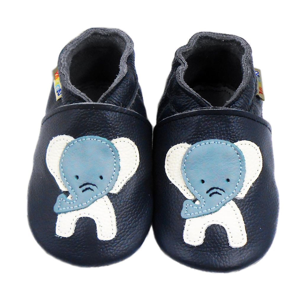 YALION Baby Krabbelschuhe aus Echtleder, weiche Lauflernschuhe für Mädchen&Jungen, rutschfeste Ledersohle, Dunkelblau, Elefant, Größe S (0–...