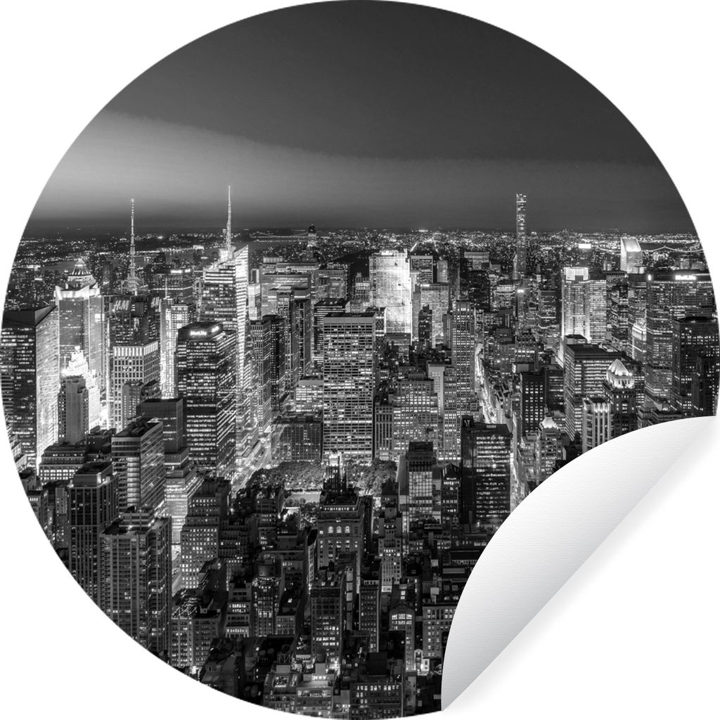 MuchoWow Runde Wandtattoo - Wandsticker Tapete Aufkleber New York bei Nacht - schwarz und weiß Ø 30 cm Selbstklebend und Repositionierbar - Wan...