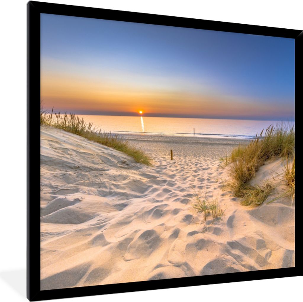 MuchoWow Gerahmtes Poster Düne - Sonnenuntergang - Horizont - Strand - Gras 40x40 cm - Poster mit Schwarzem Bilderrahmen Wandposter Rahmen Foto ...